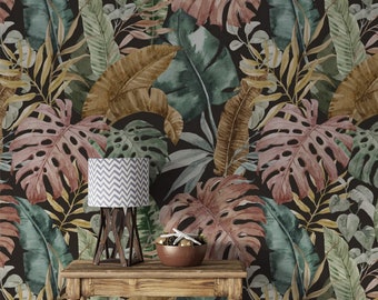 Papel tapiz de hojas tropicales, despegable y pegable, removible o papel tapiz con acento tradicional.