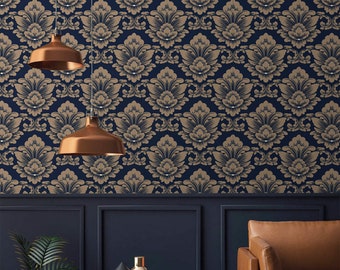 Papel tapiz de damasco vintage, autoadhesivo, extraíble y pegable o papel tapiz con acento tradicional.