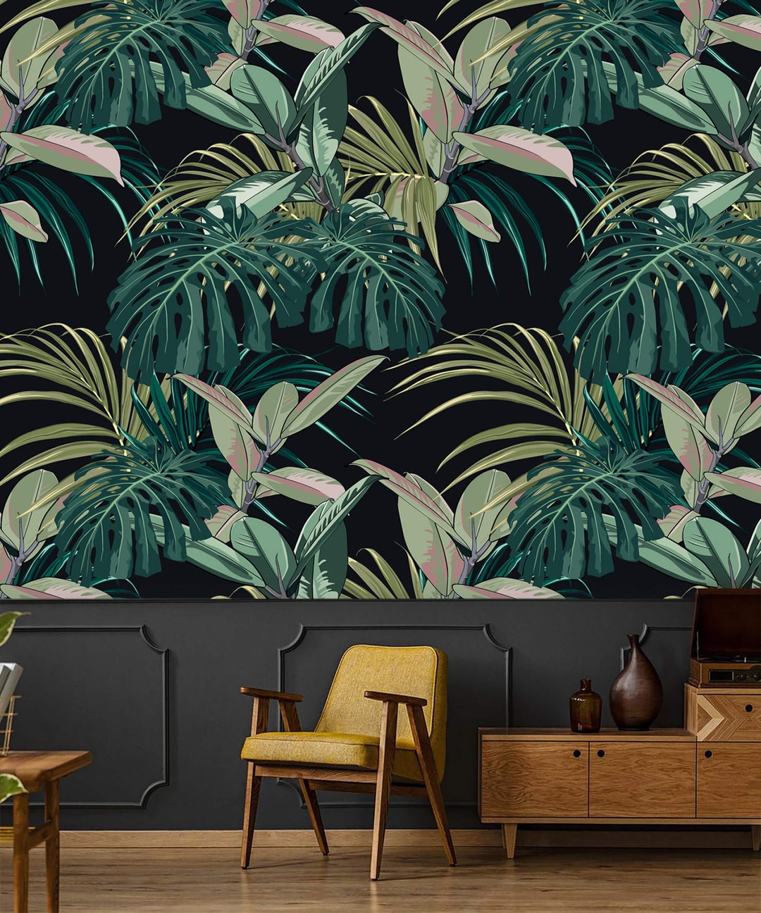 Dark Tropical Wallpaper Exotic Leaves Peel and Stick Removable or ...