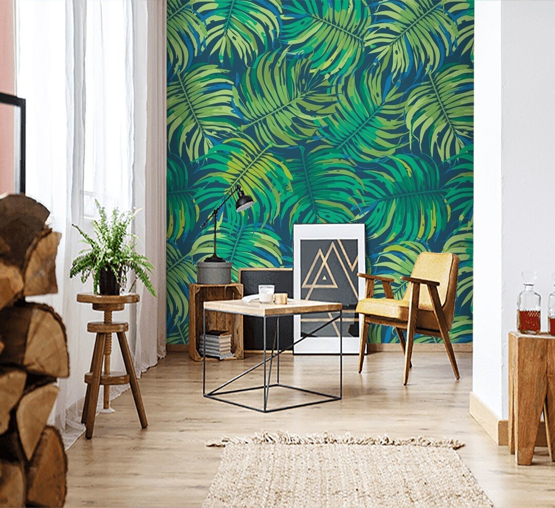 Tropical Green Leaves Wallpaper Removable Peel and Stick or - Etsy