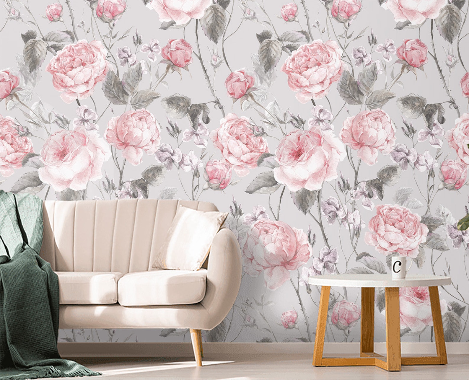 Floral Wallpaper Vintage Gray Pink Roses Wall Paper Peel and | Etsy