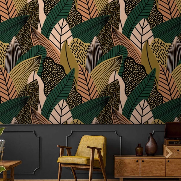 Dark tropical wallpaper botanical leaves Peel and stick or Traditional wall paper dark interior accent wallpaper