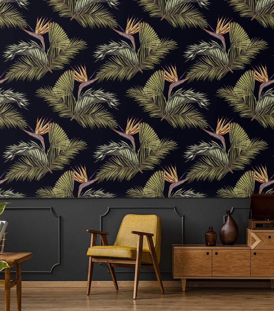 Dark Tropical Wallpaper Palm Leaves Peel and Stick Removable or ...