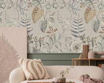 Papel pintado botánico vintage: flores y hojas - autoadhesivo o tradicional