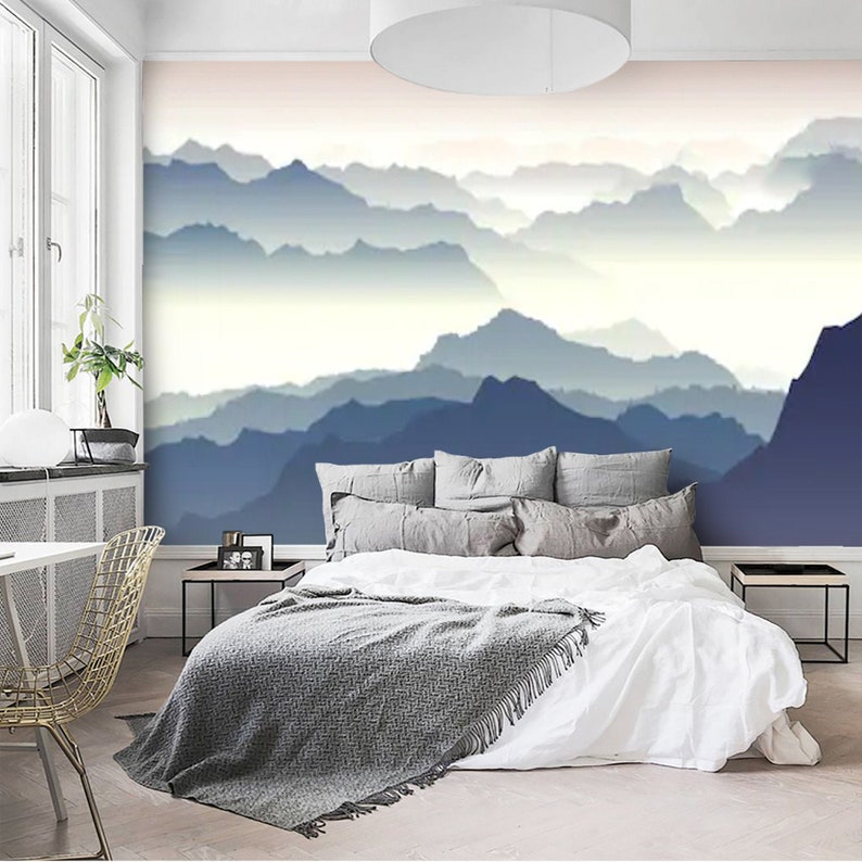Foggy Mountains Wallpaper Mural Peel and Stick Landscape Etsy