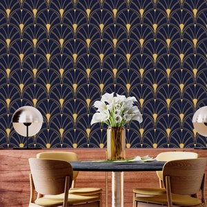 Dark blue Art deco wallpaper fans Peel and stick removable or Traditional accent wallpaper