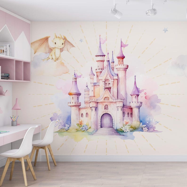 Fairy Castle Wallpaper Mural With Dragon | Peel and Stick Kids Room ...