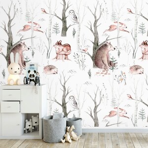 Forest animals wallpaper kids Peel and stick removable or Traditional accent wallpaper