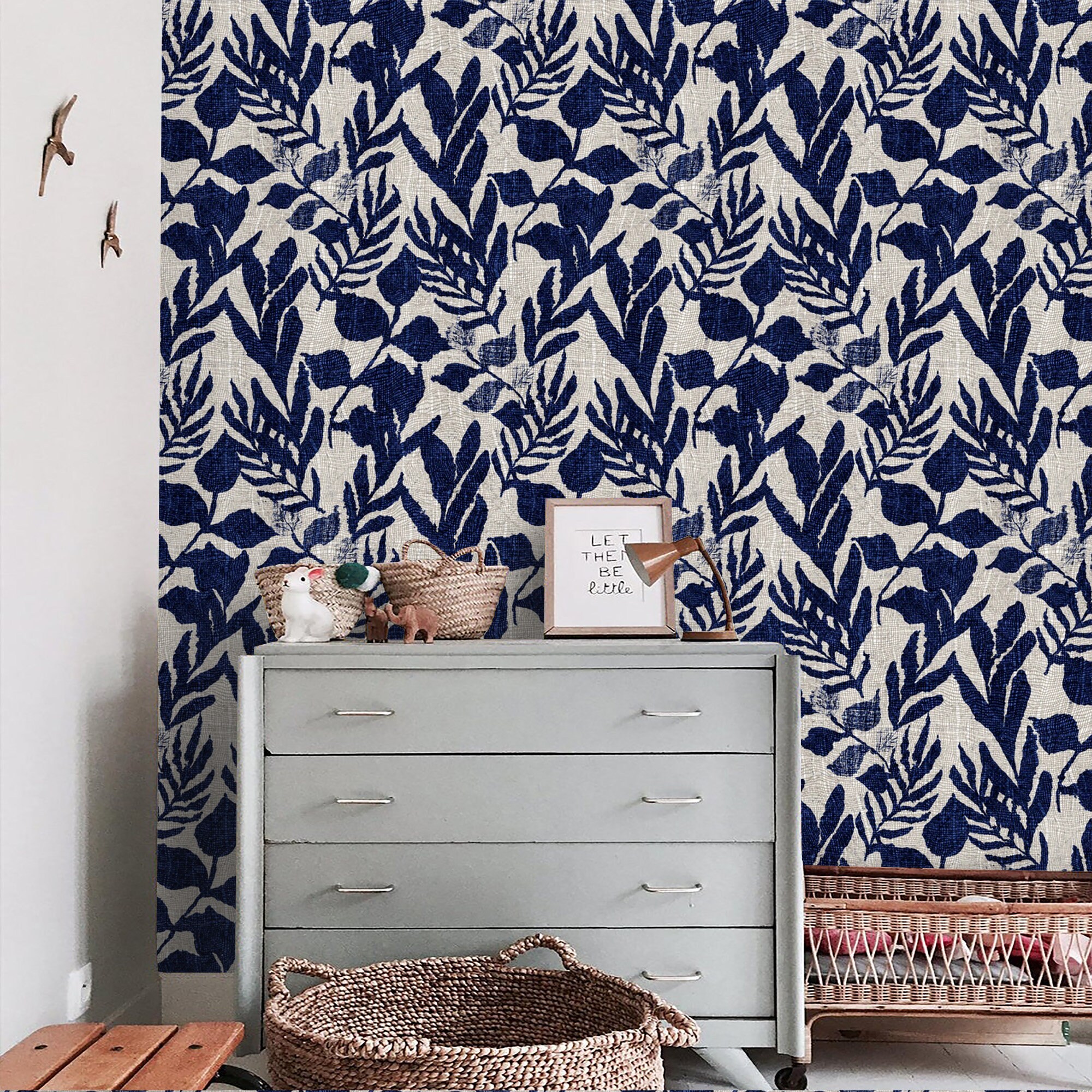 Floral Wallpaper Dark Blue on Linen Look faux Textile Wall Etsy