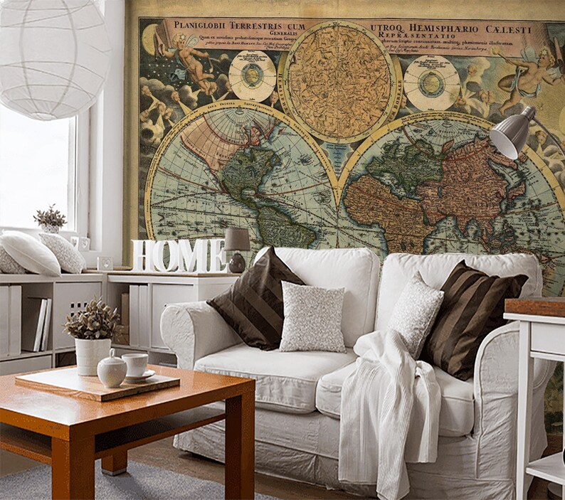 Vintage World Map Wallpaper Mural Peel and Stick Removable Etsy