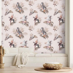Wallpaper birds Peel and stick removable or Traditional tropical accent wallpaper parrots