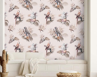 Papel tapiz de pájaros, despegable y adhesivo, removible o papel tapiz tradicional con acento tropical, loros