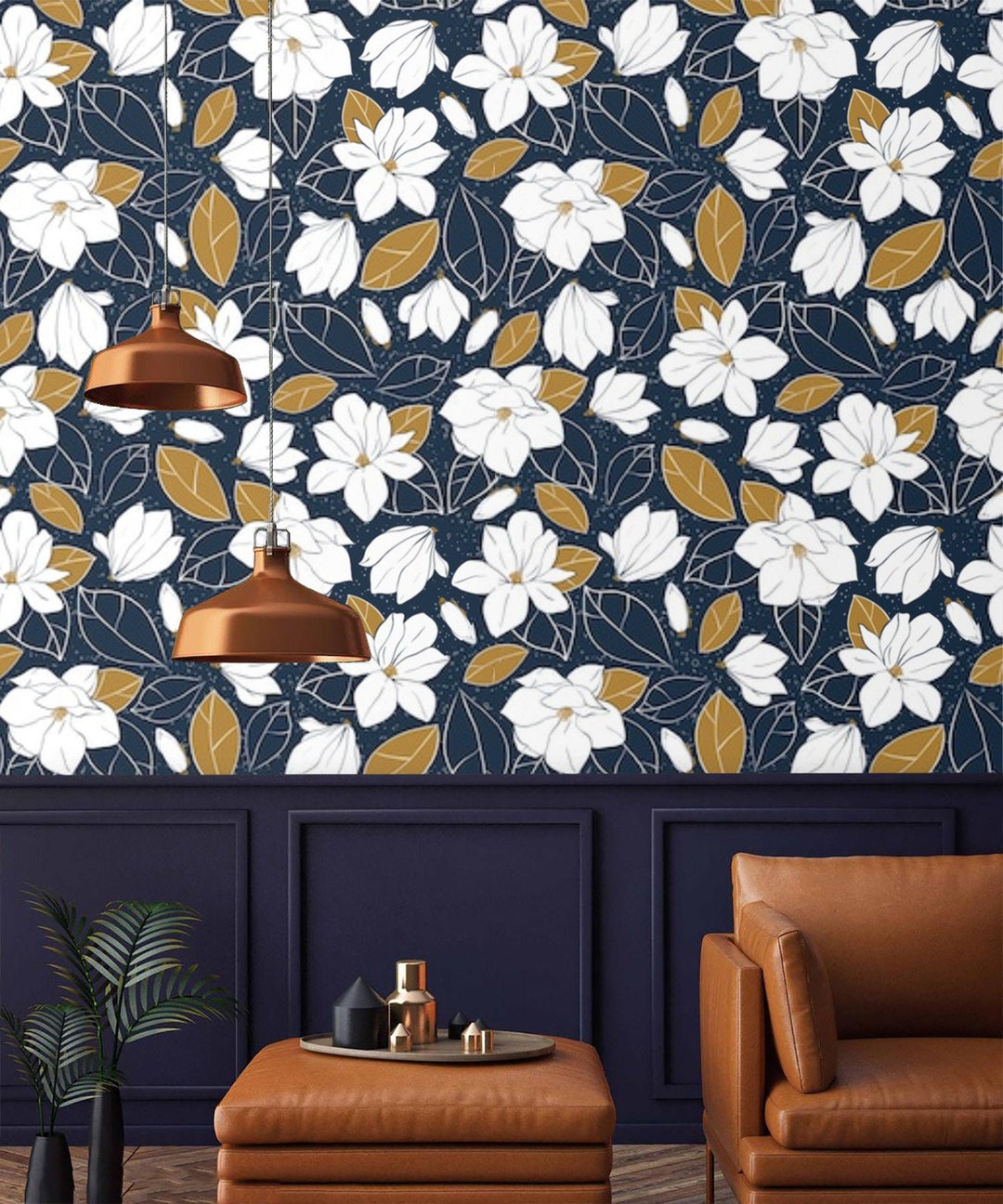 Floral Wallpaper Dark Blue Background Peel and Stick or Traditional ...
