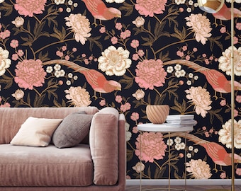 Papel pintado floral oscuro con pájaros: autoadhesivo o tradicional.