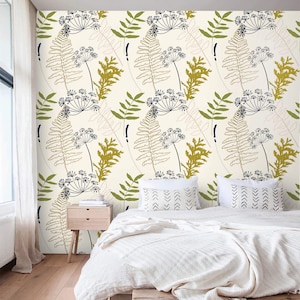 Botanical wallpaper herbs Peel and stick removable or Traditional accent wallpaper fern leaves