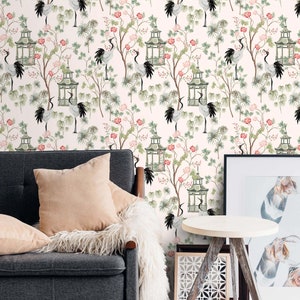 Chinoiserie wallpaper cranes Peel and stick removable or Traditional accent wallpaper birds