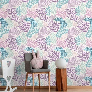 Floral wallpaper Baby girl room pastel watercolor leaves Peel and stick removable wallpaper for nursery