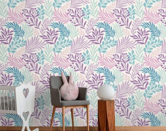 Papel pintado floral para habitación infantil: hojas en acuarela pastel, autoadhesivo.