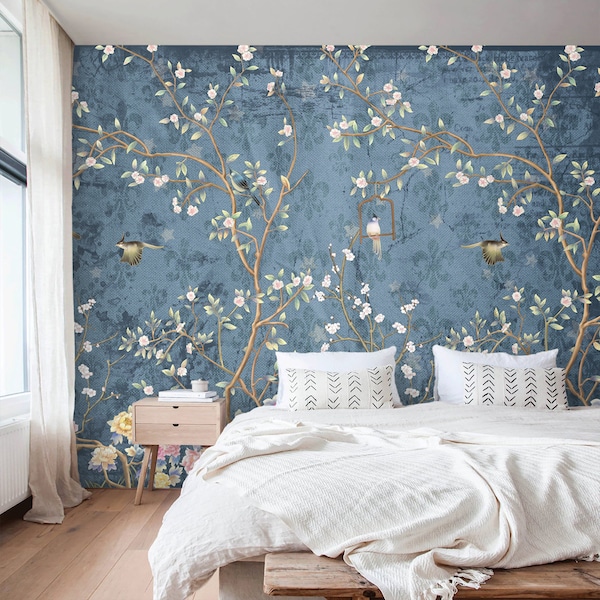 Chinoiserie wallpaper birds blooming tree mural Peel and stick removable or Traditional wallpaper non woven