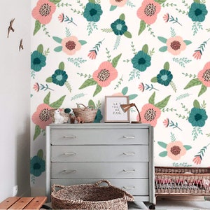 Floral wallpaper Peel and stick removable or Traditional wall paper Kids room colorful nursery accent wallpaper