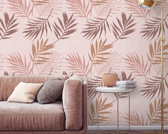 Papel pintado de hojas de palmera rosa malva. Autoadhesivo, removible o papel pintado tradicional.