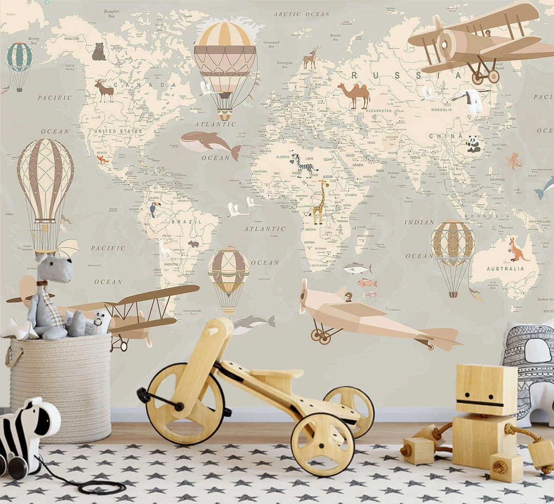 World Map Kids Wallpaper Mural Boys Bedroom Peel and Stick Removable or ...
