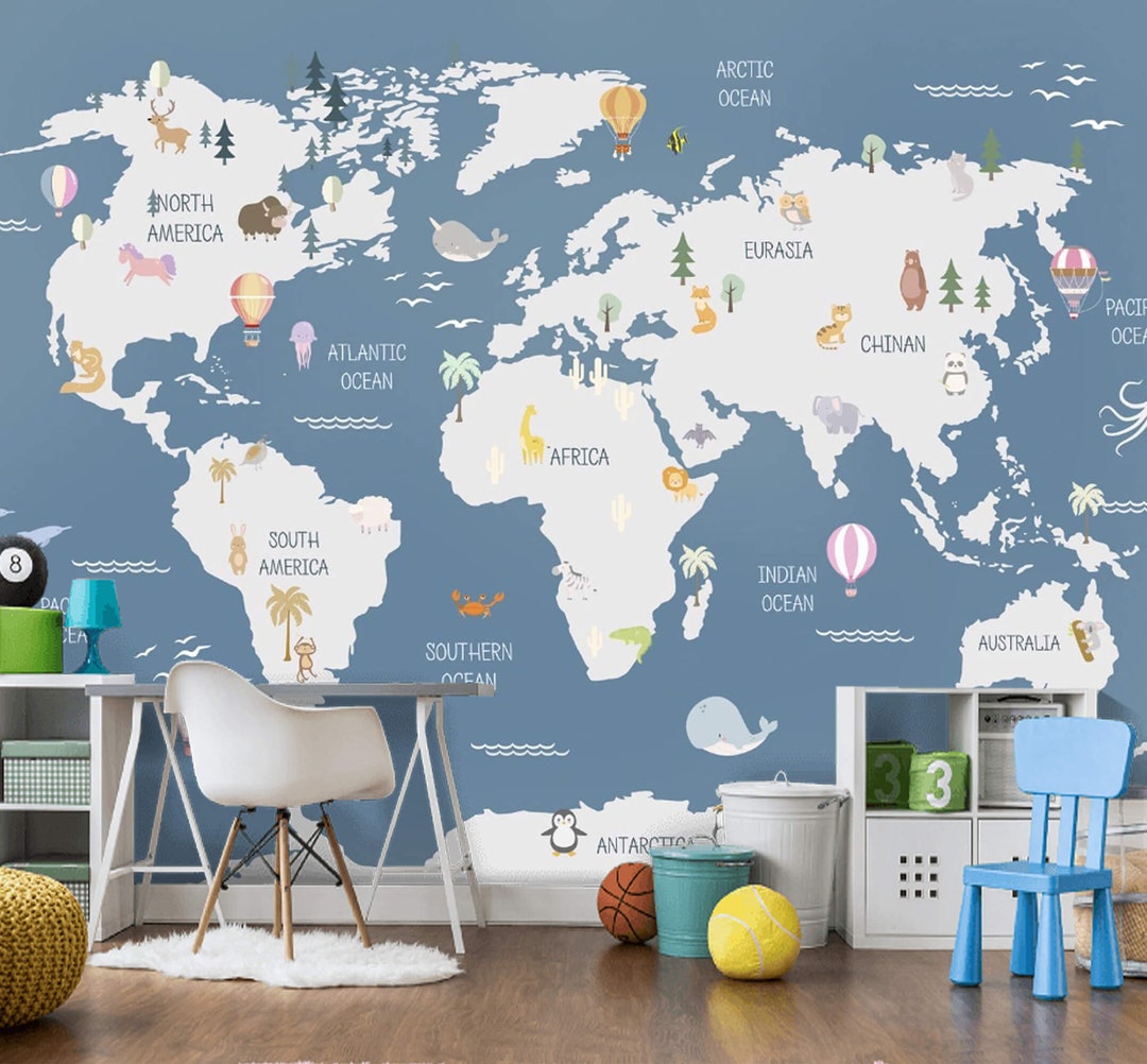 World Map Kids Wallpaper Mural Peel and Stick Removable or Traditional ...