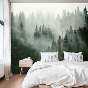 Foggy forest wallpaper mural landscape Peel and stick self adhesive or Traditional accent wall mural