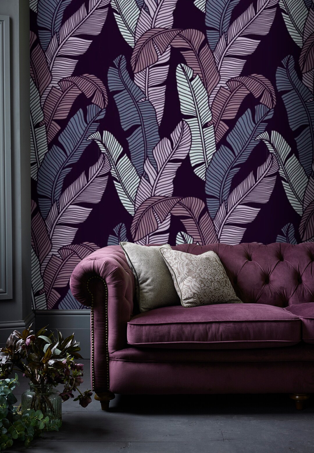 Wallpaper Palm Leaves on Dark Purple Wall Paper Violet Peel Etsy