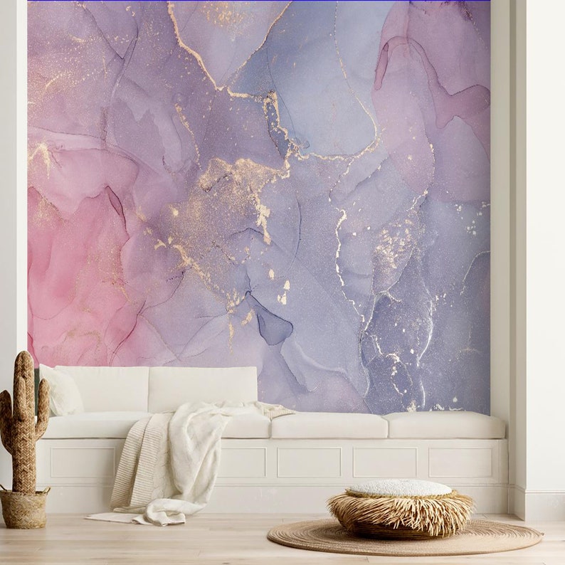 Abstract Wallpaper Pink Purple Gold Watercolor Art Peel and | Etsy