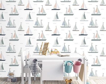 Papel pintado infantil con diseño náutico marinero, autoadhesivo y removible o papel pintado tradicional para guardería.