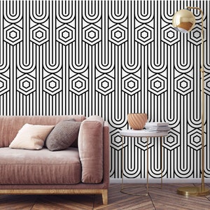 Art deco wallpaper geometric Peel and stick or Traditional modern minimalist black and white wallpaper