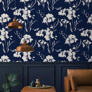Dark blue floral wallpaper Peel and stick removable or Traditional non woven wallpaper