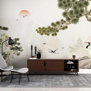 Asian wallpaper mural landscape with cranes Japanese style Peel and stick removable or Traditional accent Chinoiserie wall mural