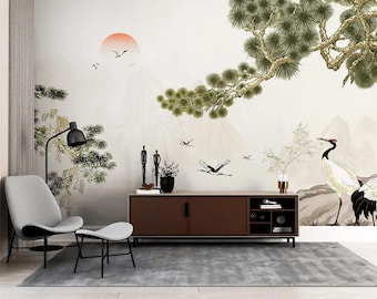 Asian wallpaper mural landscape with cranes Japanese style Peel and stick removable or Traditional accent Chinoiserie wall mural