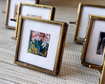 Vintage Small Brass Frame, Floating Glass with White Picture Matte | 2"x2" | Keepsake