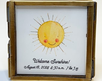 Original Watercolor Welcome Baby Sunshine, Baby Shower, Print Framed in Handmade Mini Brass Frame, Baby Keepsake
