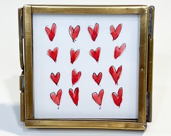 Original Watercolor Page of Hearts, Love You Message, Print Framed in Handmade Mini Brass Frame, Thinking of You Greeting