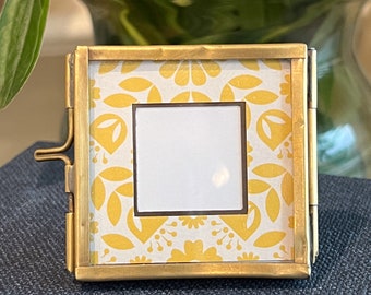 Handmade Square Mini Brass Frame with Floating Glass with Yellow Floral Picture Matte | 2"x2"