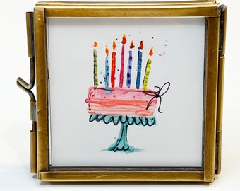Original Watercolor Birthday Cake Print Framed in Handmade Mini Brass Frame, Birthday Gift, Birthday Greeting