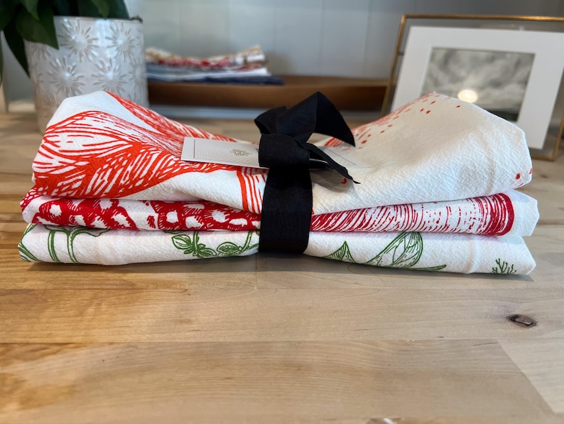 Set of Three, Kitchen Towels, Hand Printed Towels, Oranges, Pomegranate, Herb, Bright, Cotton Towels, Modern Kitchen Prints, Tea Towel