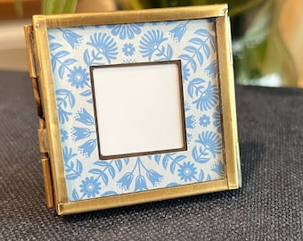 Handmade Square Mini Brass Frame with Floating Glass with Blue Floral Matte | 2"x2"