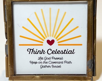 Think Celestial, Tiny Art, Mini Brass Frame, Spiritual Quote, LDS Art, Miniature Artwork, Russell M. Nelson, Let God Prevail