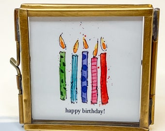 Original Watercolor Birthday Candles Print Framed in Handmade Mini Brass Frame, Birthday Gift, Birthday Wish Greeting