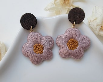 Lavender Hand Embroidered Floral Wooden Stud Earrings For Her. Statement earrings for her