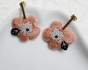 Peach Hand Embroidered Stud Earrings For Her. Flower Hand Embroidery Statement  Earrings For Valentines Day