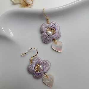 Lavender Hand Embroidered Statement Earrings With Pearls and Shell hearts For Her. Flower Hand Embroidery Earrings For Valentines Day