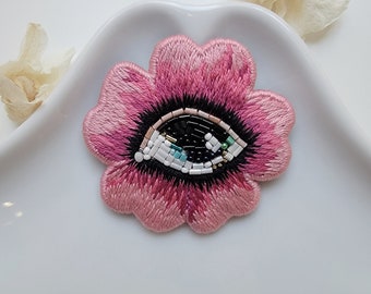 Pink Hand embroidered Floral Eye Brooch/Pin. Handmade Statement Pin For Her