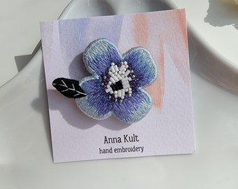 Hand Embroidered Blue Flower Pin for her. Beaded flower brooch for gift