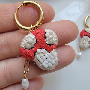 Mushroom Hand Embroidered Statement Earrings With Pearls For Her. Red Fly Agaric Hand Embroidery  Earrings.